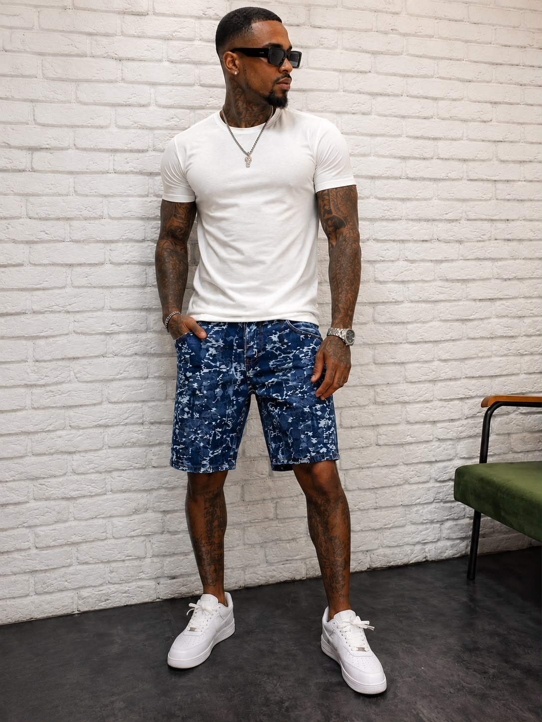 Short jeans bleu militaire