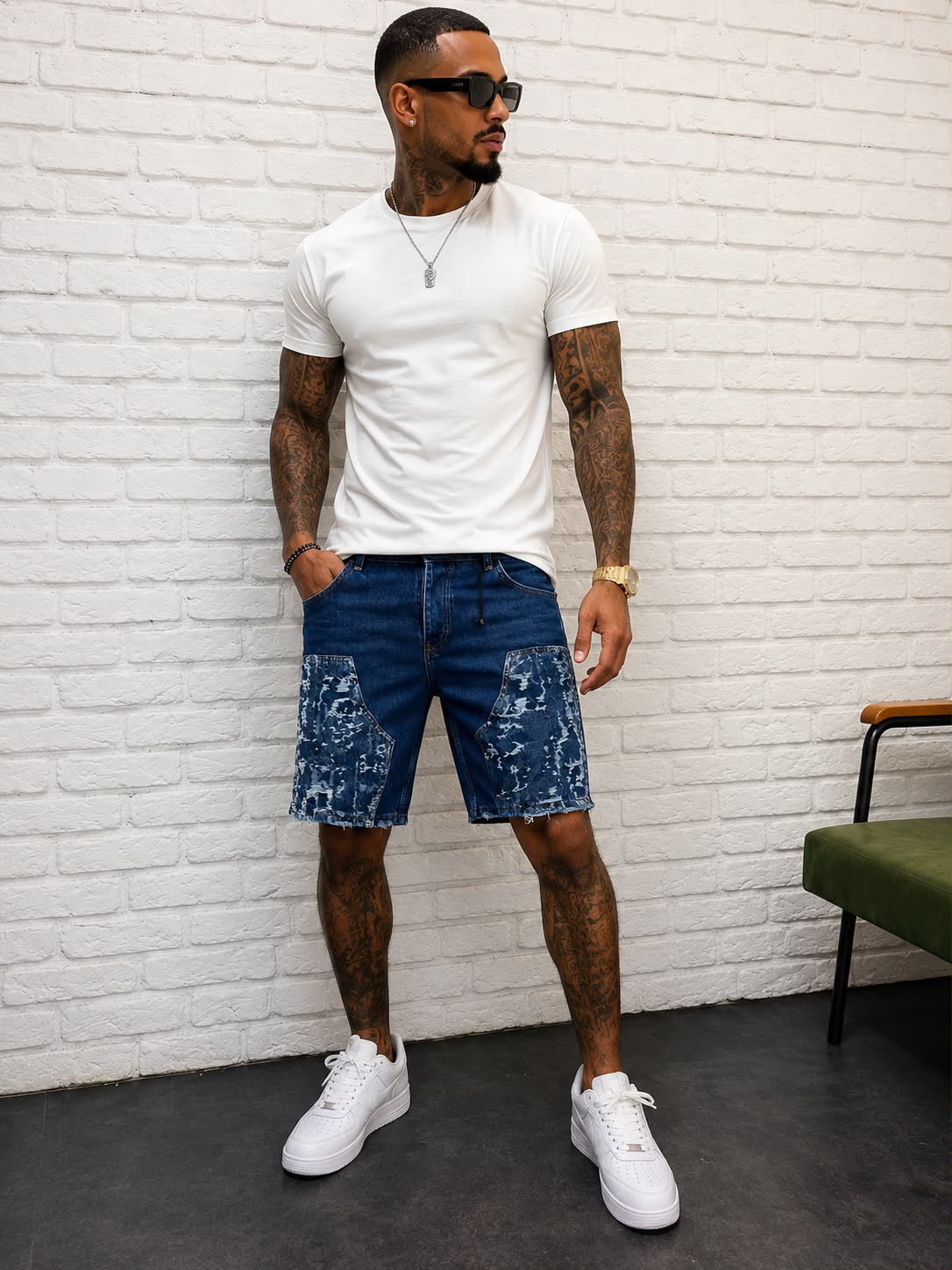 Short jeans bleu demi-militaire